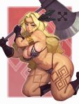  1girl abs absurdres amazon_(dragon&#039;s_crown) armor bikini_armor blonde_hair breasts circlet dragon&#039;s_crown feathers gloves highres large_breasts long_hair muscular muscular_female riz solo swimsuit tattoo thick_thighs thighs weapon 