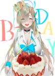  1girl absurdres asuna_(blue_archive) black_choker blue_archive blue_bow blue_bowtie blue_halo blush bow bowtie breasts cake choker cleavage closed_eyes collared_shirt facing_viewer food haine_1871 hair_over_one_eye halo happy_birthday hat highres large_breasts light_brown_hair long_hair open_mouth party_hat shirt smile solo white_shirt 
