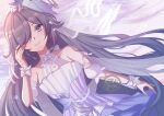  1girl bare_shoulders black_hair blue_eyes bow closed_mouth collarbone commentary detached_sleeves dress dutch_angle fu_hua hair_over_one_eye hand_up highres honkai_(series) honkai_impact_3rd illestfairys long_hair looking_at_viewer puffy_short_sleeves puffy_sleeves purple_dress short_sleeves smile solo transparent veil very_long_hair white_bow white_dress white_sleeves 