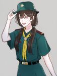  1girl adjusting_clothes adjusting_headwear belt brown_eyes brown_hair commentary english_commentary epaulettes green_hat green_jacket green_skirt highres jacket long_hair maybecrosswise open_mouth original police police_uniform policewoman skirt smile solo twintails uniform 