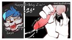 anthro ball_gag bdsm bodily_fluids cum duo english_text erection gag gagged genital_fluids genitals hair happy_birthday male penis simple_background text zoul zoul_illustration