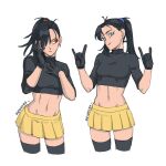  2girls abs black_hair blue_eyes dragon_ball dragon_ball_super dragon_ball_super_super_hero gamma_1 gamma_2 genderswap genderswap_(mtf) hair_over_one_eye highres jenxd_d multiple_girls red_eyes skirt smile thighhighs twintails v 