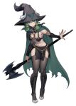  1girl breasts cleavage cloak fake_horns full_body green_cloak green_eyes green_hair hat holding holding_staff horned_headwear horns long_hair navel noma_takafumi official_art revealing_clothes skirt solo staff standing third-party_source unicorn_overlord witch_hat yahna 
