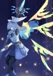  1girl black_pantyhose blurry blurry_background closed_eyes commentary_request detached_wings full_body gloves grey_hair head_wings highres holding holding_scepter long_hair melia_antiqua multiple_wings pantyhose scepter signature white_gloves wings xenoblade_chronicles_(series) xenoblade_chronicles_3 yanagimachi 