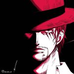  1boy aboude_art artist_name closed_mouth facial_hair hat instagram_logo instagram_username limited_palette looking_at_viewer male_focus one_piece red_hair scar scar_across_eye scar_on_face shanks_(one_piece) short_hair signature solo straw_hat 