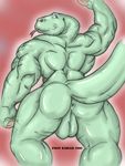  anthro anus back balls biceps big_butt big_muscles blue_eyes butt claws flexing forked_tongue green_skin komodo_dragon lizard looking_at_viewer looking_back male monitor_lizard muscles nude pissy_badger pose presenting presenting_hindquarters reptile scales scalie solo standing toned tongue tongue_out 