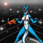  anthro arena blue_body breasts digimon dragon eyelashes female flamedramon hair lizard long_hair mask navel nipples pussy red_eyes red_hair reptile scalie snowfyre solo standing white_body 