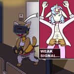 accident accidental_exposure aggretsuko apartment bra clothing controller door doorway equid equine genitals horn mammal mythological_creature mythological_equine mythology night panties pussy retsuko sanrio sports_bra sweatpants underwear unicorn video_games virtual_reality vr_headset walking wardrobe_malfunction