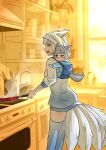  absurdres animal_ears azur_lane baby babywearing blue_eyes blue_sweater blue_thighhighs canned_sardines commission cooking fox_ears fox_tail gradient_sweater highres kaga_(azur_lane) kitchen kitsune mother_and_son multiple_tails open_mouth stove sweater tail teeth thighhighs upper_teeth_only white_hair white_sweater white_tail 