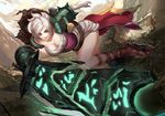  bandaged_arm bandages belt bracer breasts citemer cleavage gauntlets highres large_breasts league_of_legends long_legs ponytail riven_(league_of_legends) solo sword weapon white_hair 