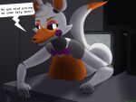 4:3 absurd_res animatronic anthro artist_name big_breasts big_butt bow_tie breast_squish breasts butt canid canine claws curvy_figure dark_sclera dialogue electronics english_text eyebrows female five_nights_at_freddy&#039;s five_nights_at_freddy&#039;s_world fox furniture glowing glowing_eyes head_tuft hi_res inside lips lolbit_(fnaf) machine mammal monitor mostly_nude multicolored_body on_table robot scottgames segmented_body shaded signature sister_location solo speech_bubble squish stuck table tail talking_to_viewer text thick_bottom_lip through_screen tuft unregistereduser voluptuous