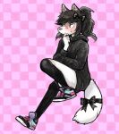 abstract_background accessory anthro black_hair black_nose blush bow_ribbon canid canine canis clothing domestic_dog female footwear fur furgonomics hair hair_accessory hair_bow hair_ribbon hoodie knee_highs knee_socks legwear mammal ribbons shoes slimgiltsoul socks solo tail tail_accessory tail_bow tail_ribbon tied_hair topwear white_body white_fur