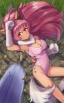 1girl animal_ears arm_strap breasts cat_ears cat_tail cleavage cleavage_cutout clenched_hand closed_mouth clothing_cutout commission dodging fang feet_out_of_frame heart_cutout highres leotard long_hair looking_at_viewer perisie_(star_ocean) pink_eyes pink_hair pink_leotard skeb_commission solo star_ocean star_ocean_first_departure tail tori_ririisu 