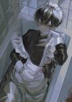  1boy absurdres apron apron_pull arm_rest bathtub bishounen black_hair black_shirt blood blood_on_clothes closed_mouth clothes_pull collared_shirt crossdressing dark ear_piercing expressionless from_above gloves hair_between_eyes hand_on_own_chin hand_on_own_stomach highres leaning_back looking_at_viewer maid maid_apron maid_headdress male_focus male_maid original piercing shirt short_hair solo sosaku_25 tile_wall tiles upper_body water white_eyes white_gloves 