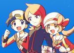  1girl 2boys :d absurdres backwards_hat black_hair black_hat blue_background blue_overalls brown_eyes brown_hair chueog clenched_hand cowlick ethan_(pokemon) grey_eyes hand_up hat highres holding jacket long_hair long_sleeves lyra_(pokemon) multiple_boys open_mouth overalls pokemon pokemon_hgss red_hair red_jacket red_shirt shirt short_hair silver_(pokemon) smile teeth tongue twintails upper_teeth_only 
