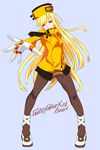  absurdres bad_id bad_pixiv_id blonde_hair blue_eyes copyright_name foreshortening full_body gloves guilty_gear guilty_gear_xrd hat head_tilt highres jacket long_hair megaya millia_rage miniskirt orange_hat outstretched_hand pantyhose pleated_skirt simple_background skirt smile solo standing very_long_hair 