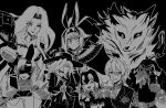  3boys 4girls ahoge animal_ears antonio_salieri_(fate) antonio_salieri_(second_ascension)_(fate) ascot black_background blindfold crossed_arms edmond_dantes_(fate) facial_mark fate/grand_order fate_(series) fedora gorgon_(fate) greyscale hair_over_one_eye hat headless hessian_(fate) highres jeanne_d&#039;arc_alter_(avenger)_(fate) jeanne_d&#039;arc_alter_(fate) laughing lobo_(fate) long_hair medusa_(fate) monochrome multiple_boys multiple_girls nitocris_(fate) nitocris_alter_(fate) nitocris_alter_(second_ascension)_(fate) scarf side_ponytail smile taira_no_kagekiyo_(fate) thumbs_up tunamayo_0nigir ushiwakamaru_(fate) wolf 