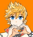  1boy :&lt; blonde_hair blue_eyes closed_mouth heart heart_hands heart_in_heart_hands jacket kingdom_hearts kingdom_hearts_ii orange_background outline roxas shirt short_hair solo spiked_hair sunx7443 white_jacket white_outline white_shirt zipper_pull_tab 