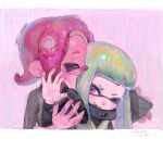  2girls agent_3_(splatoon) agent_8_(splatoon) biting black_headphones black_shirt blunt_bangs blush closed_eyes ear_biting embarrassed esa_(no_chirasu1) fangs green_hair headphones headphones_removed high-visibility_vest highres holding holding_headphones inkling inkling_girl inkling_player_character letterboxed long_hair multiple_girls nose_blush octoling octoling_girl octoling_player_character one_eye_closed open_mouth pink_eyes red_hair shirt splatoon_(series) splatoon_2 splatoon_2:_octo_expansion suction_cups sweat tentacle_hair twintails upper_body 