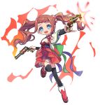  1girl :d black_corset black_thighhighs blue_eyes bonbon_(merc_storia) bow braid bright_pupils brown_hair corset dot_nose dual_wielding full_body gun hair_ornament highres holding holding_gun holding_weapon ishidai_(ishidai4682) long_hair looking_at_viewer merc_storia open_mouth purple_skirt red_bow red_socks sandals skirt smile socks solo thighhighs twintails weapon white_background zettai_ryouiki 