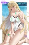  1girl achromaru artist_name barefoot beach blonde_hair border breasts cleavage closed_mouth commentary commentary_request core_crystal_(xenoblade) covered_navel earrings english_commentary foot_out_of_frame head_tilt highleg highres jewelry large_breasts long_hair looking_at_viewer mixed-language_commentary mythra_(radiant_beach)_(xenoblade) mythra_(xenoblade) orange_eyes outdoors outside_border sitting smile solo swimsuit thighlet thighs tiara white_border xenoblade_chronicles_(series) xenoblade_chronicles_2 