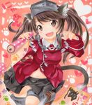  animal_ears brown_eyes brown_hair cat_ears cat_tail kantai_collection kemonomimi_mode long_hair looking_at_viewer magatama marker_(medium) open_mouth ryuujou_(kantai_collection) scroll shikishi skirt smile solo tail traditional_media twintails visor_cap yukitsuki_kokoro 