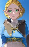  1girl black_cape blonde_hair blue_shirt blue_sky cape green_eyes highres jimaku_726 looking_at_viewer parted_lips pointy_ears princess_zelda shirt short_hair sky smile solo the_legend_of_zelda the_legend_of_zelda:_breath_of_the_wild upper_body 