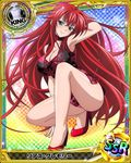  aqua_eyes breasts card_(medium) character_name chess_piece china_dress chinese_clothes cleavage dress high_heels high_school_dxd king_(chess) large_breasts light_smile long_hair no_socks official_art red_hair rias_gremory solo trading_card very_long_hair 