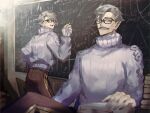  2boys blue_eyes book chalk chalkboard equation facial_hair fate/grand_order fate_(series) glasses grey_hair grey_sweater holding holding_chalk james_moriarty_(archer)_(fate) james_moriarty_(ruler)_(fate) looking_at_viewer multiple_boys mustache old old_man ou_syoku7 pants scar scar_across_eye smile sweater turtleneck turtleneck_sweater 