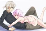  1boy 1girl bare_arms bare_shoulders barefoot belt black_belt black_shirt blue_eyes blurry blurry_background blush breasts brown_pants closed_mouth commentary_request depth_of_field downblouse dress feet_out_of_frame fiora_ariete glasses grey_background grey_hair highres knee_up leg_up long_hair lying on_person on_stomach original panties pants parted_lips pink_dress pink_hair ponytail profile red_eyes ribbed_shirt sekira_ame shirt short_ponytail simple_background sleeveless sleeveless_dress small_breasts smile soles underwear white_panties 
