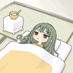  1girl :| black_eyes blush bowl closed_mouth cold_pack creature from_above furrowed_brow futon green_hair half-closed_eyes head_on_pillow highres long_hair looking_up lying nezutako on_back on_floor orange_shirt original porridge shirt sick solo tatami under_covers 