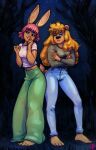 absurd_res anthro barefoot bear bell_bottoms bottomwear breasts buckteeth claws clothing denim denim_bottomwear denim_clothing duo feet female forest hi_res ishi jeans krista_blonde lagomorph leporid looking_at_viewer mammal night pants plant rabbit teeth thick_thighs toe_claws toes tree wide_hips