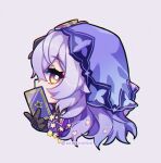  1girl akerohoshi black_gloves black_swan_(honkai:_star_rail) card chibi commentary gloves grey_background holding holding_card honkai:_star_rail honkai_(series) long_hair looking_at_viewer purple_hair simple_background solo yellow_eyes 