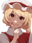  1girl blonde_hair blood_on_mouth flandre_scarlet hamadain_000 hand_up hat looking_at_viewer medium_hair mob_cap red_eyes side_ponytail simple_background solo touhou upper_body white_background 