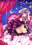  ahoge alternate_costume blush crescent crescent_hair_ornament flower grandia_bing hair_ornament hair_ribbon long_hair one_eye_closed panties patchouli_knowledge petals purple_eyes purple_hair ribbon rose solo star striped striped_legwear striped_panties thighhighs touhou underwear 