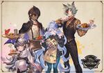  2boys 2girls adjusting_clothes adjusting_necktie alternate_costume apron black_hair black_shirt blue_hair bow breasts brown_hair chili_pepper cup dark-skinned_male dark_skin denim draph dress english_text erune eyepatch floral_print flower food frilled_hat frilled_kimono frills granblue_fantasy grey_hair grin hair_between_eyes hair_flower hair_ornament half_mask harvin hat holding holding_tray horns izmir jacket jacket_on_shoulders jamil_(granblue_fantasy) japanese_clothes jeans kimono large_breasts logo long_hair looking_at_viewer lunalu_(granblue_fantasy) mask medical_eyepatch messy_hair minaba_hideo multiple_boys multiple_girls necktie nervous official_art pants parfait pinstripe_pattern pinstripe_shirt pinstripe_suit pointy_ears promotional_art reaching seox_(granblue_fantasy) shirt short_hair smile sparkle suit sweatdrop sweater takoyaki tea tray very_long_hair vest 