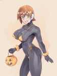  1girl aged_up aile_(mega_man_zx) bikini black_bodysuit blush bodysuit breasts brellom brown_hair covered_collarbone covered_nipples cowboy_shot english_commentary from_side green_eyes halloween halloween_bucket highleg highleg_bikini highres large_breasts looking_at_viewer mega_man_(series) mega_man_zx nervous_smile orange_bikini robot_ears short_hair side-tie_bikini_bottom smile solo sweat swimsuit yellow_bracelet 