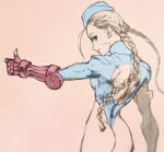  1girl ass blue_eyes blue_hat blue_leotard braid cammy_white commentary_request fingerless_gloves gloves highleg highleg_leotard highres iwamoto_tatsurou leotard long_hair looking_at_viewer looking_back sketch smile solo street_fighter thumbs_up twin_braids upper_body 