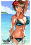  arms_up bare_shoulders bikini blush bracelet breasts brown_hair cleavage day flower green_eyes hair_flower hair_ornament hibiscus jewelry large_breasts light_reflection_(water) navel ocean original outdoors ponytail short_hair side-tie_bikini smile solo striped striped_bikini swimsuit twinpoo wading water wet 