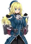  :3 =_= atago_(kantai_collection) beret between_breasts black_gloves blonde_hair blue_eyes breasts cannon forearms_at_chest gloves hat kantai_collection kuhotaka large_breasts long_hair pantyhose rensouhou-chan solo 