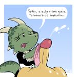 1:1 anthro argonian bethesda_softworks bodily_fluids breasts clothed clothing cum dialogue ejaculation el_senor_erizo erection eyelashes female genital_fluids genitals green_body handjob hi_res horn humanoid_genitalia humanoid_penis humor lifts-her-tail maid_uniform male male/female non-mammal_breasts nude open_mouth penile penis reptile scales scalie sex simple_background skyrim solo spanish_text speech_bubble tail text the_elder_scrolls the_lusty_argonian_maid translation_check translation_request uniform