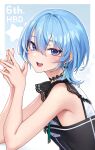  1girl armpit_crease bare_arms bare_shoulders black_choker blue_eyes blue_hair breasts choker earrings eyelashes green_ribbon hair_between_eyes hands_up highres hololive hoshimachi_suisei hoshimachi_suisei_(streetwear) jewelry lace lace_choker lace_sleeves medium_hair nail_polish neck_ribbon oopartz_yang open_mouth orange_nails ribbon ring short_sleeves small_breasts solo star_(symbol) star_in_eye symbol_in_eye teeth upper_body upper_teeth_only virtual_youtuber 
