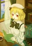  :o absurdres black_bow blonde_hair book bookshelf bow coffee_cup collared_dress cup disposable_cup dress drill_hair ekaapetto fairy_wings hair_bow hat highres holding holding_book light_blush long_sleeves luna_child multiple_hair_bows open_mouth red_eyes sunlight table touhou treasure_chest white_dress window wings wooden_table 