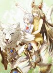  2girls :d ^_^ absurdres age_comparison animal_ear_fluff animal_ears arm_up blue_eyes boots bow bowtie brown_footwear brown_hair cat_ears cat_girl closed_eyes commentary_request dromarch_(xenoblade) dual_persona grey_hair highres long_hair medium_hair multiple_girls nia_(xenoblade) open_mouth piubiscuit red_bow red_bowtie sharp_teeth smile teeth tiger white_fur xenoblade_chronicles_(series) xenoblade_chronicles_2 xenoblade_chronicles_3 