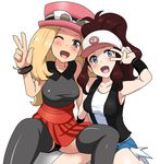  2girls bare_shoulders baseball_cap black_legwear blue_eyes breasts denim denim_shorts fang hat legwear multiple_girls nintendo panties pantyshot pokemon pokemon_(game) pokemon_bw pokemon_xy ponytail saka_i_hirokadu serena_(pokemon) short_shorts shorts sitting skirt smile spread_legs thighhighs thighs touko_(pokemon) underwear waistcoat wink yuri 