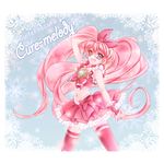  arm_up blue_background blue_eyes bow brooch choker cure_melody evelyn_(shinshu_k) frills hair_ribbon houjou_hibiki jewelry long_hair magical_girl midriff pink_bow pink_hair pink_legwear pink_skirt precure ribbon skirt smile solo suite_precure thighhighs twintails wrist_cuffs zettai_ryouiki 