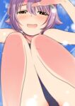  1girl bare_shoulders blue_background blue_one-piece_swimsuit blurry blush brown_eyes close-up depth_of_field dot_nose from_below hair_flaps hair_ornament hairclip hand_up highres idolmaster idolmaster_cinderella_girls idolmaster_cinderella_girls_starlight_stage koshimizu_sachiko lens_flare lens_flare_abuse looking_at_viewer looking_down one-piece_swimsuit open_mouth purple_hair sakaki_imasato short_hair smile solo squatting swimsuit 