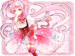  cherry flower food fruit hair_flower hair_ornament hatsune_miku long_hair pink_eyes pink_hair sakura_miku skirt solo thighhighs twintails very_long_hair vocaloid yuki_hikari 