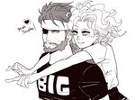  1girl bad_id bad_pixiv_id beard big_boss casual clothes_writing eyepatch facial_hair headband heart hug hug_from_behind metal_gear_(series) metal_gear_solid metal_gear_solid_peace_walker monochrome paz_ortega_andrade shirt spoken_heart t-shirt throttlee wavy_hair 