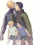  2boys ao_isami black_hair blonde_hair blush child comforting complex_age couple facial_hair feet_out_of_frame highres holding_hands kiss kissing_hand lewis_smith male_focus multiple_boys sideburns_stubble smile stubble tearing_up thick_eyebrows walking yaoi yuuki_bakuhatsu_bang_bravern yuzuki_(hmr813k) 